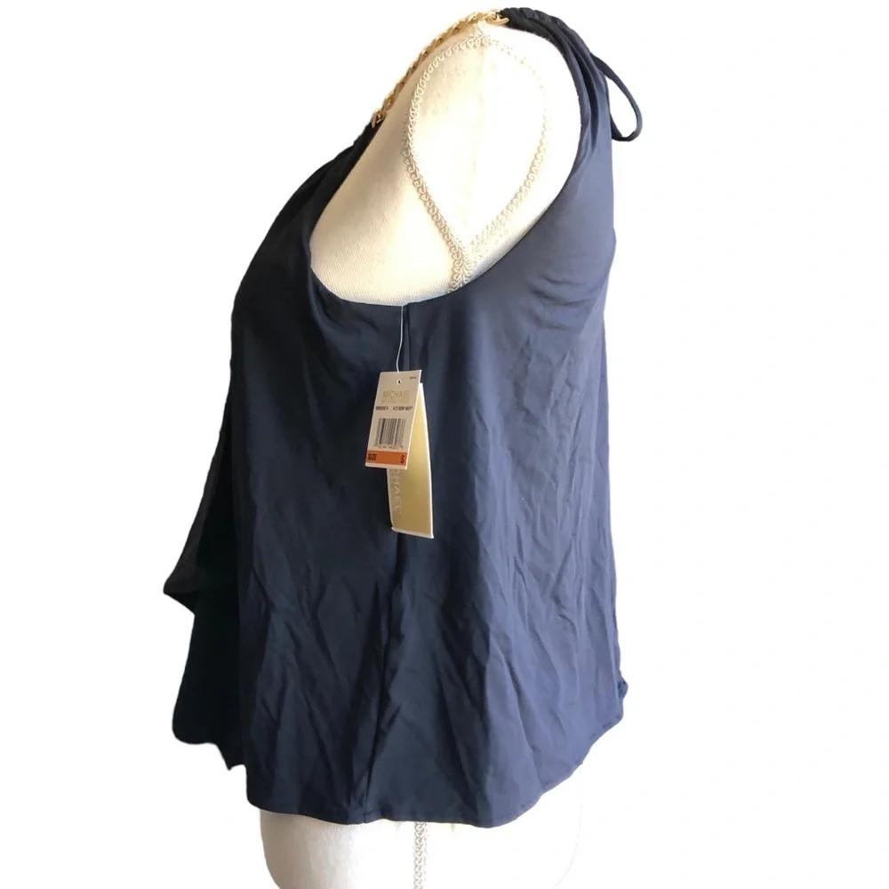 Michael Kors Gold Chain High Neck Flowy Tankini Top Blue Size Small